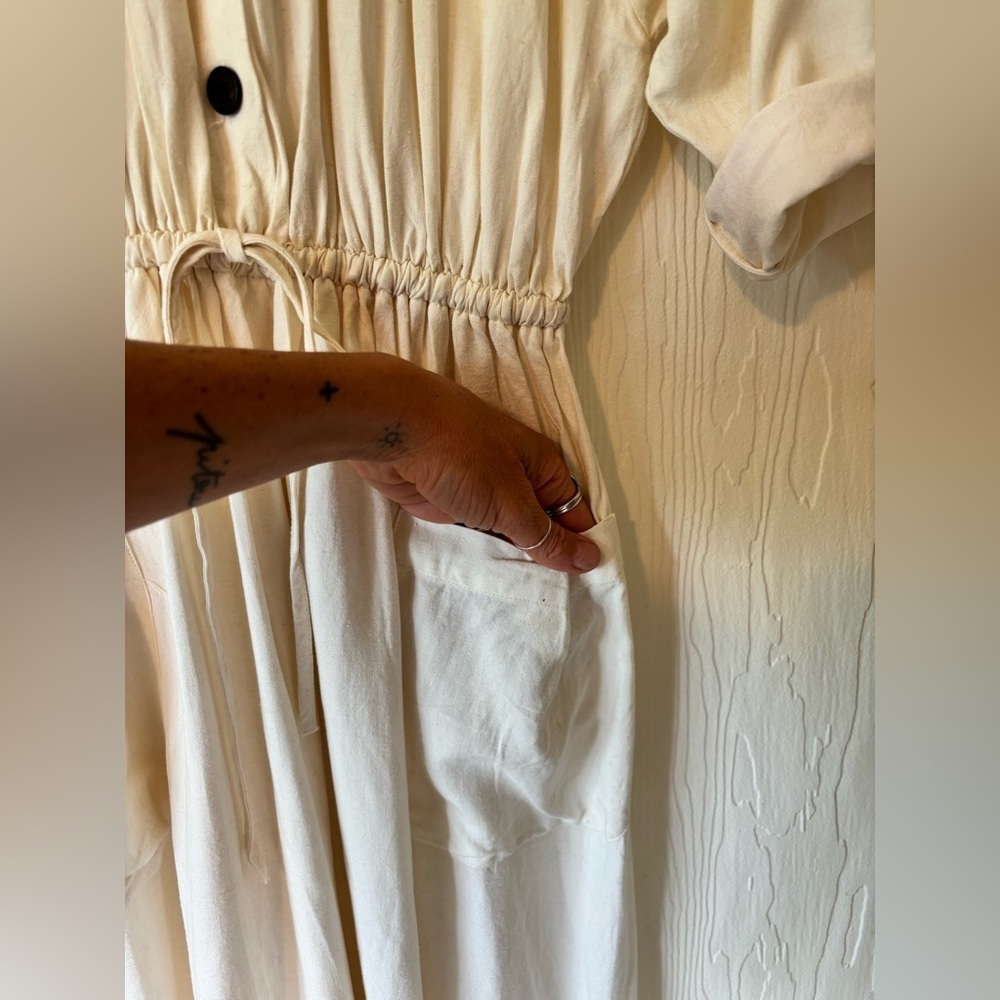 Zara Ecru Off White Cream Button Up Down Drawstring Pocket Linen Midi Dress - Picture 10 of 13